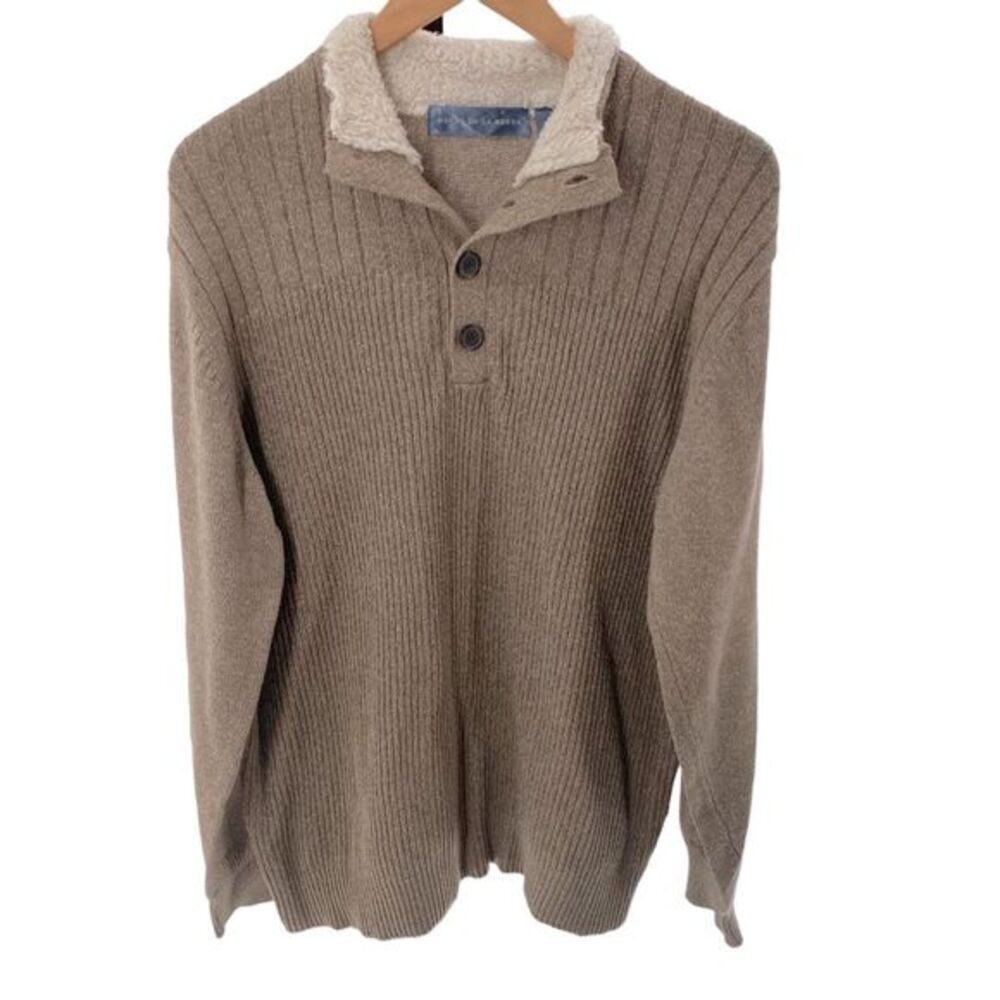 Vintage Oscar De La Renta‎ Men’s L Pullover Sweater Beige Tan Button Neck Cotton